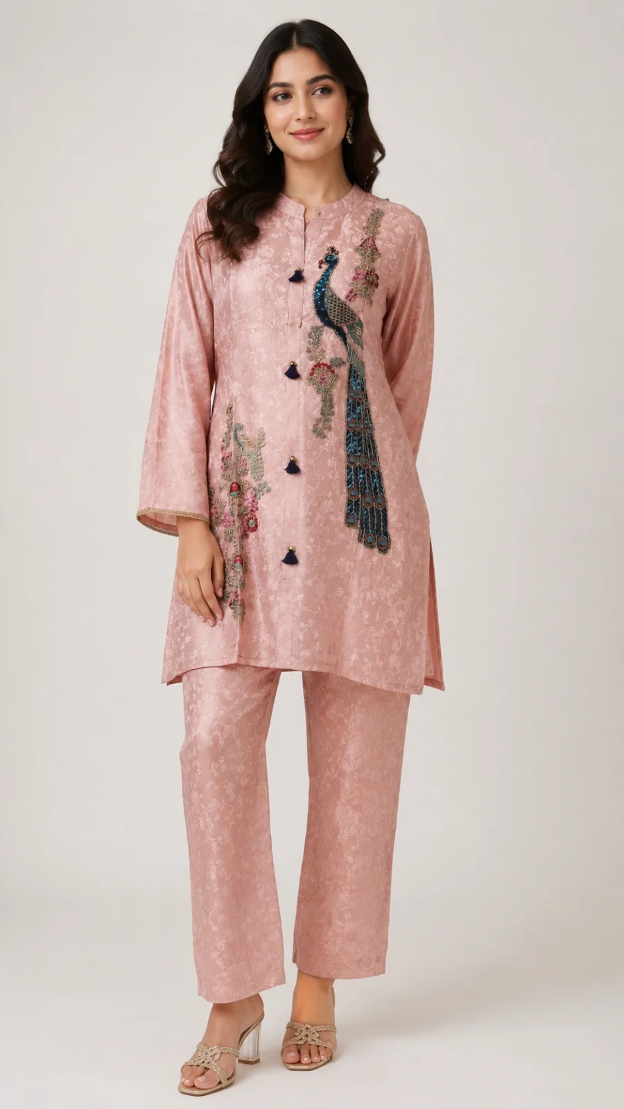 Blush Pink Peacock Embroidered Co-Ord Set