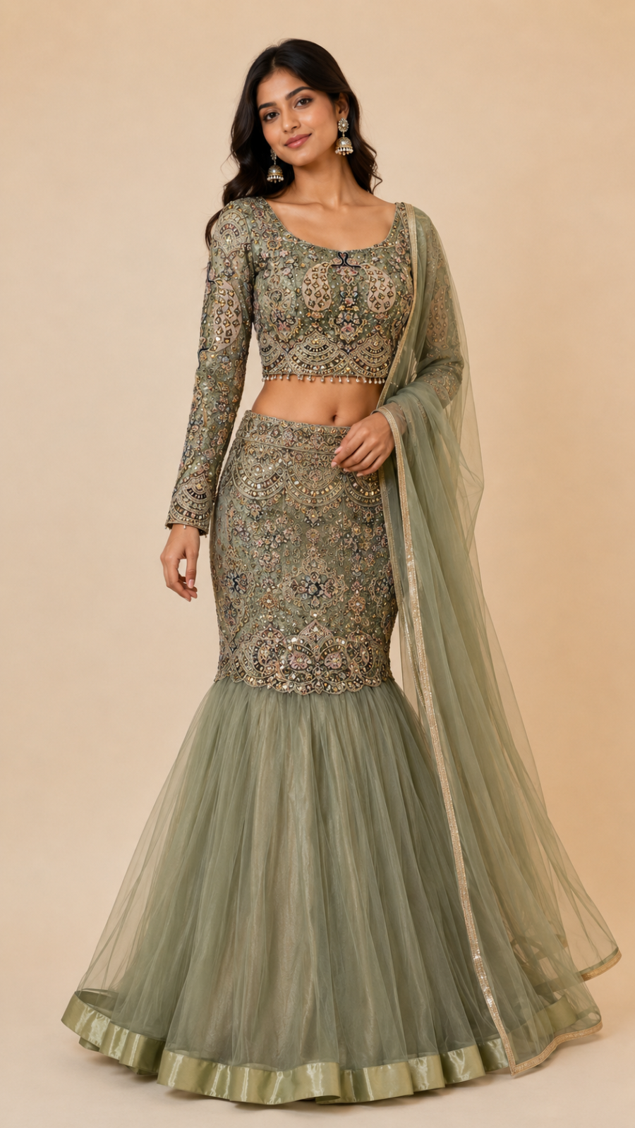 Sage Green Embroidered Fish Cut Lehenga with Full Sleeve Blouse & Soft Net Dupatta