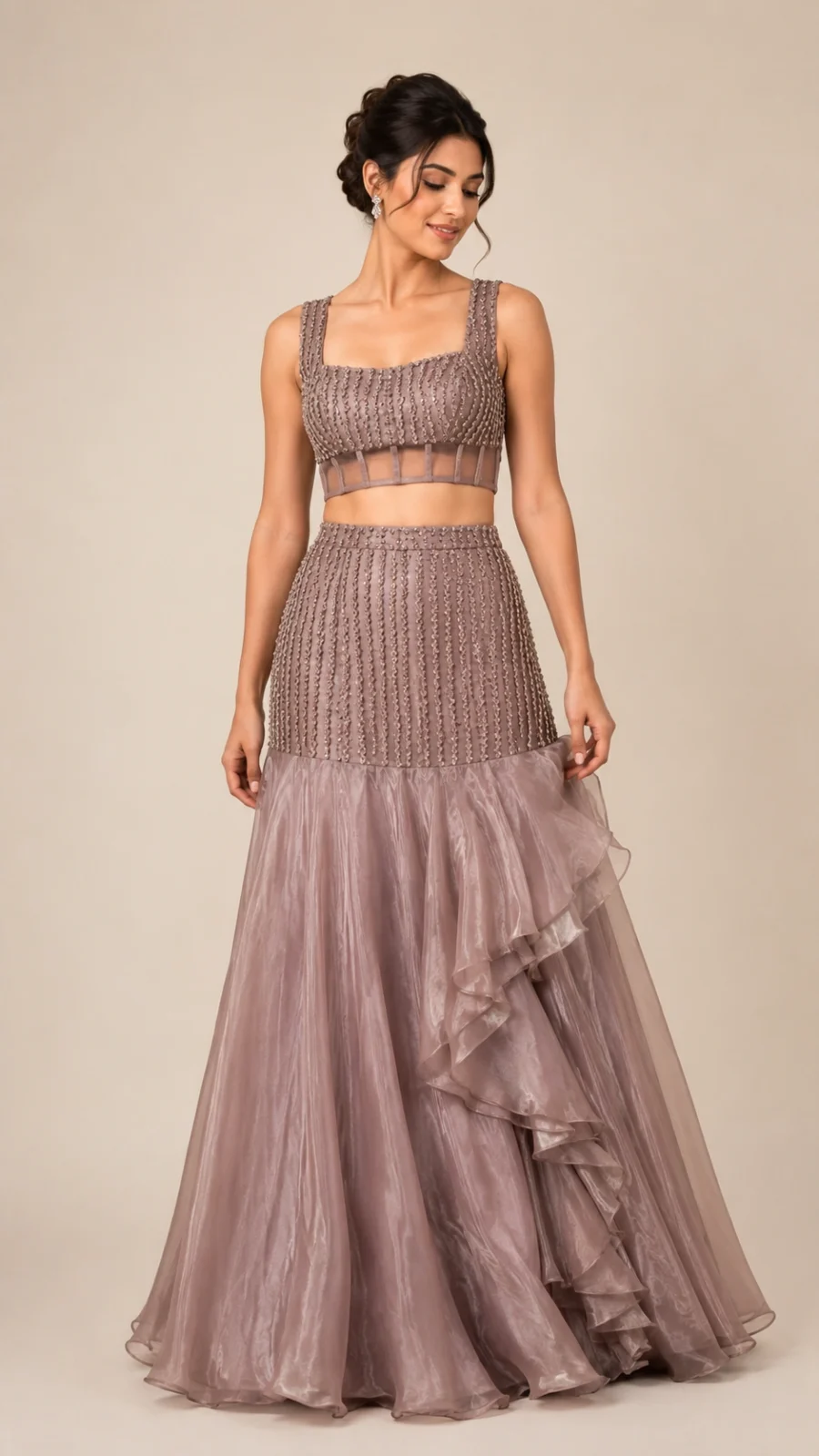 Mauve Embellished Mermaid Lehenga Set with Broad Strap Blouse