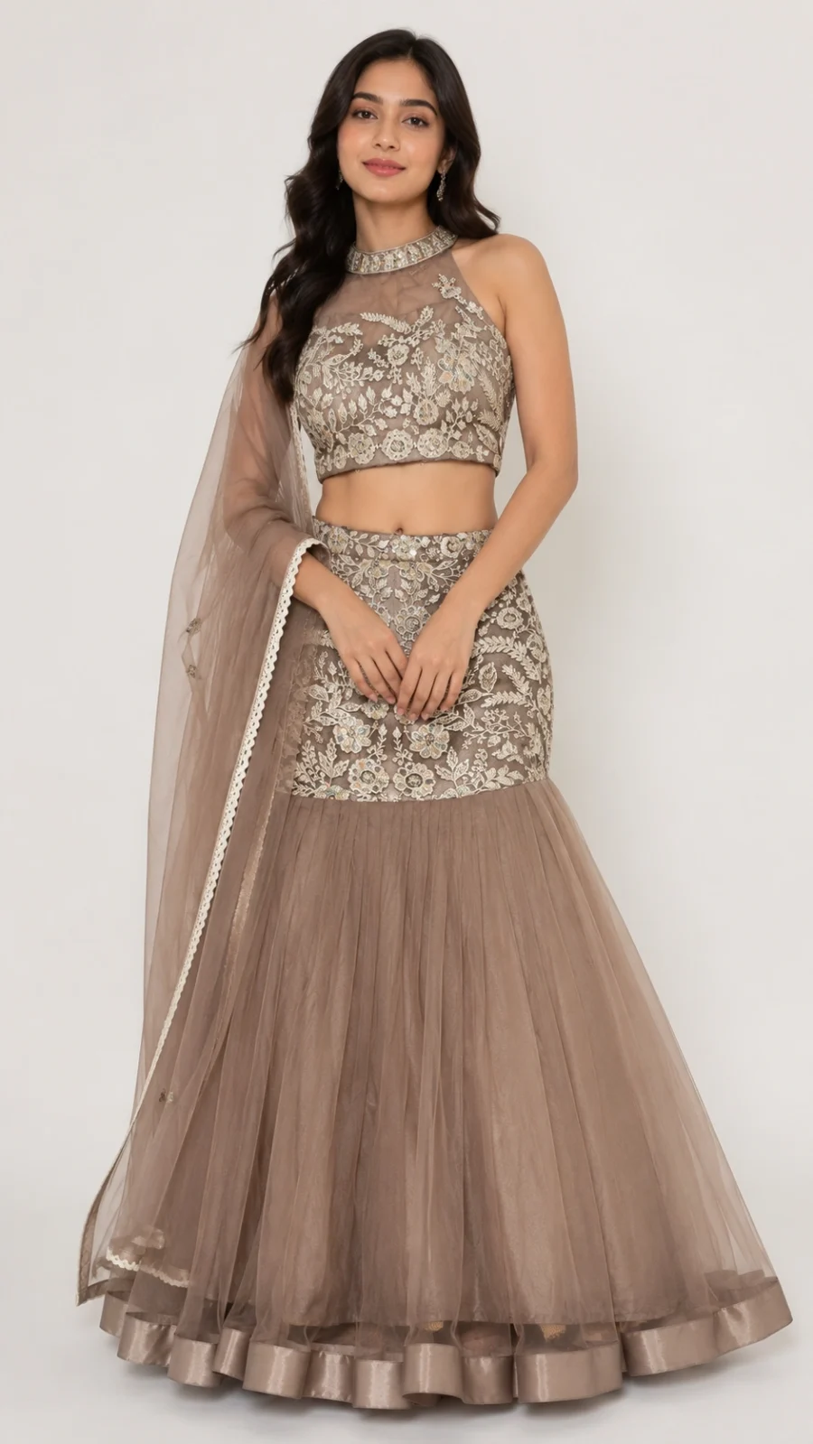 Taupe Embroidered Mermaid Lehenga Set with High Neck Blouse & Net Dupatta