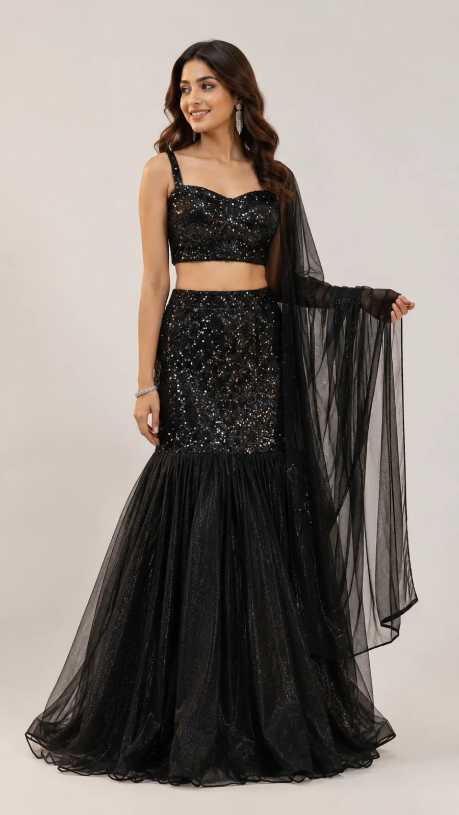 Midnight Black Sequined Mermaid Lehenga Set with Net Dupatta