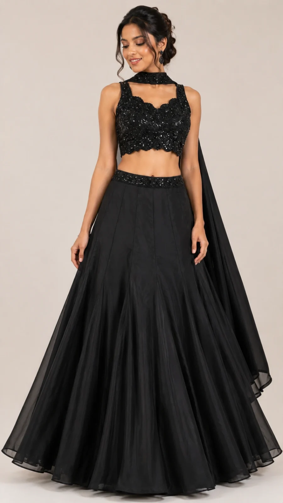 Classic Black Embellished Lehenga Set with Sequined Blouse & Choker Dupatta