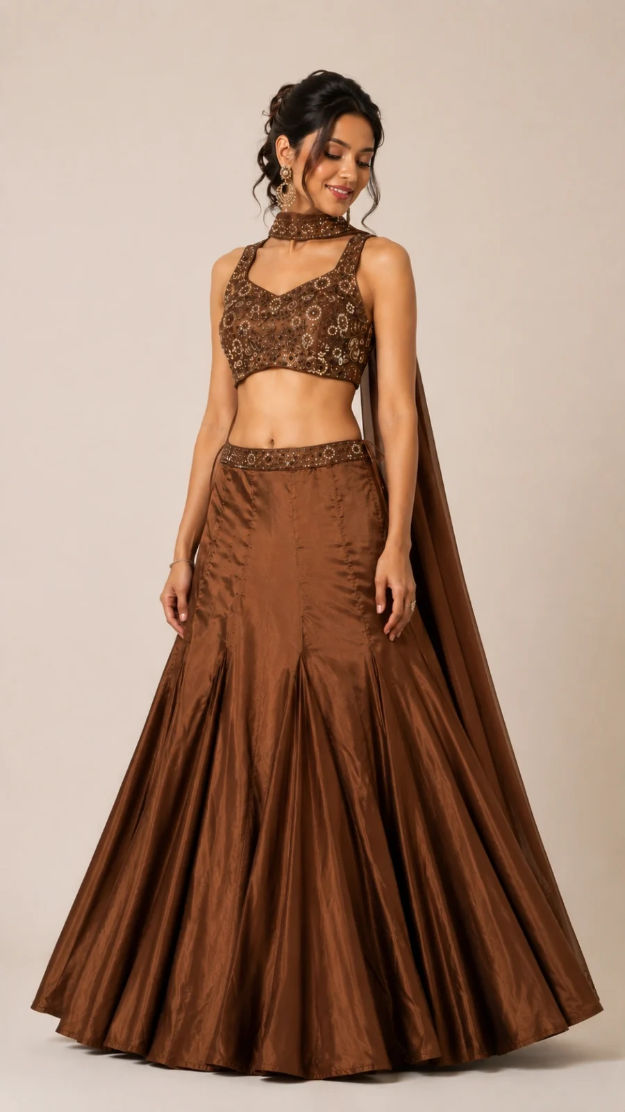 Chocolate Brown Embroidered Flared Lehenga Set with Sequined Blouse & Choker Dupatta