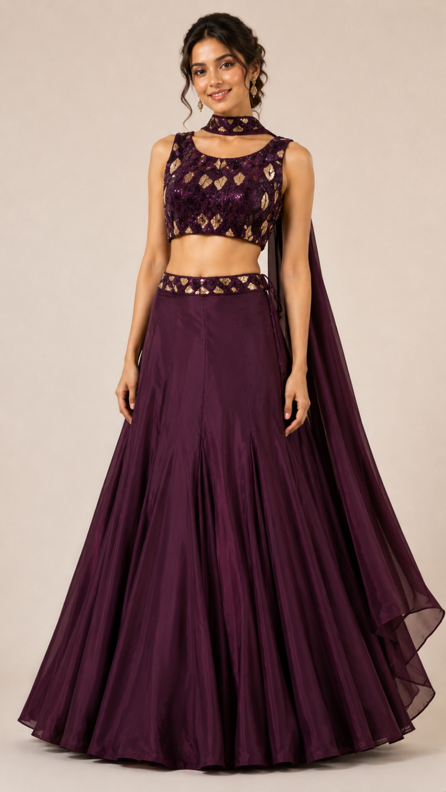 Wine Purple Embellished Designer Lehenga Choli with Choker Dupatta
