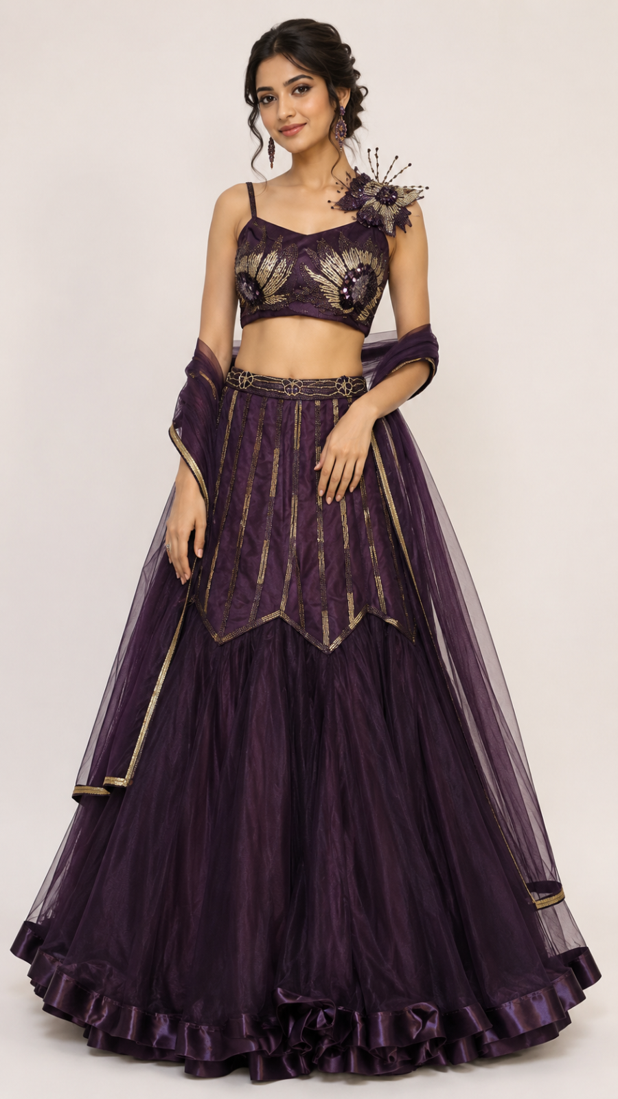 Midnight Plum One-Shoulder Embellished Lehenga Set with Net Dupatta