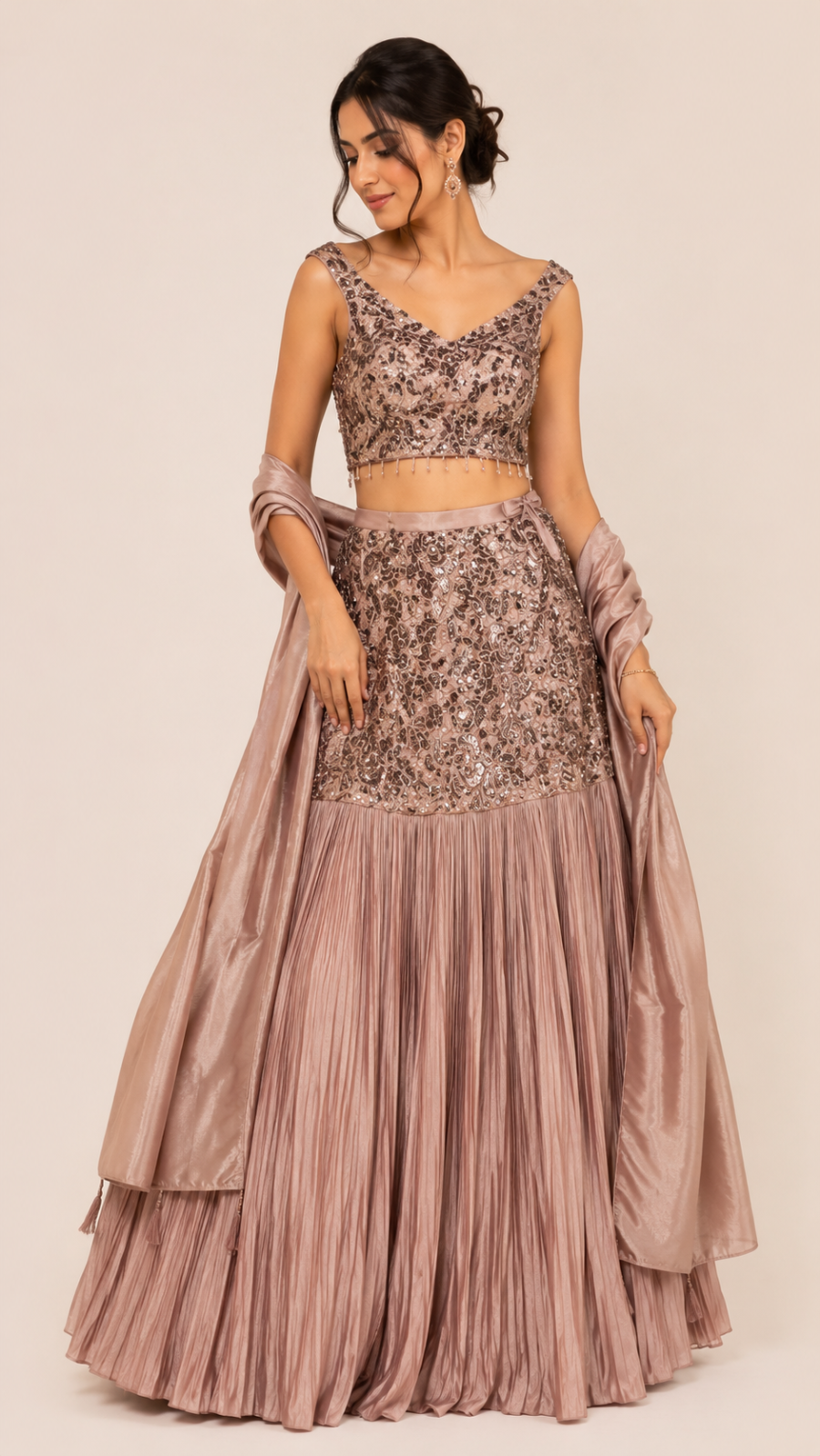 Dusty Rose Sequin Embroidered Pleated Lehenga Set with Dupatta