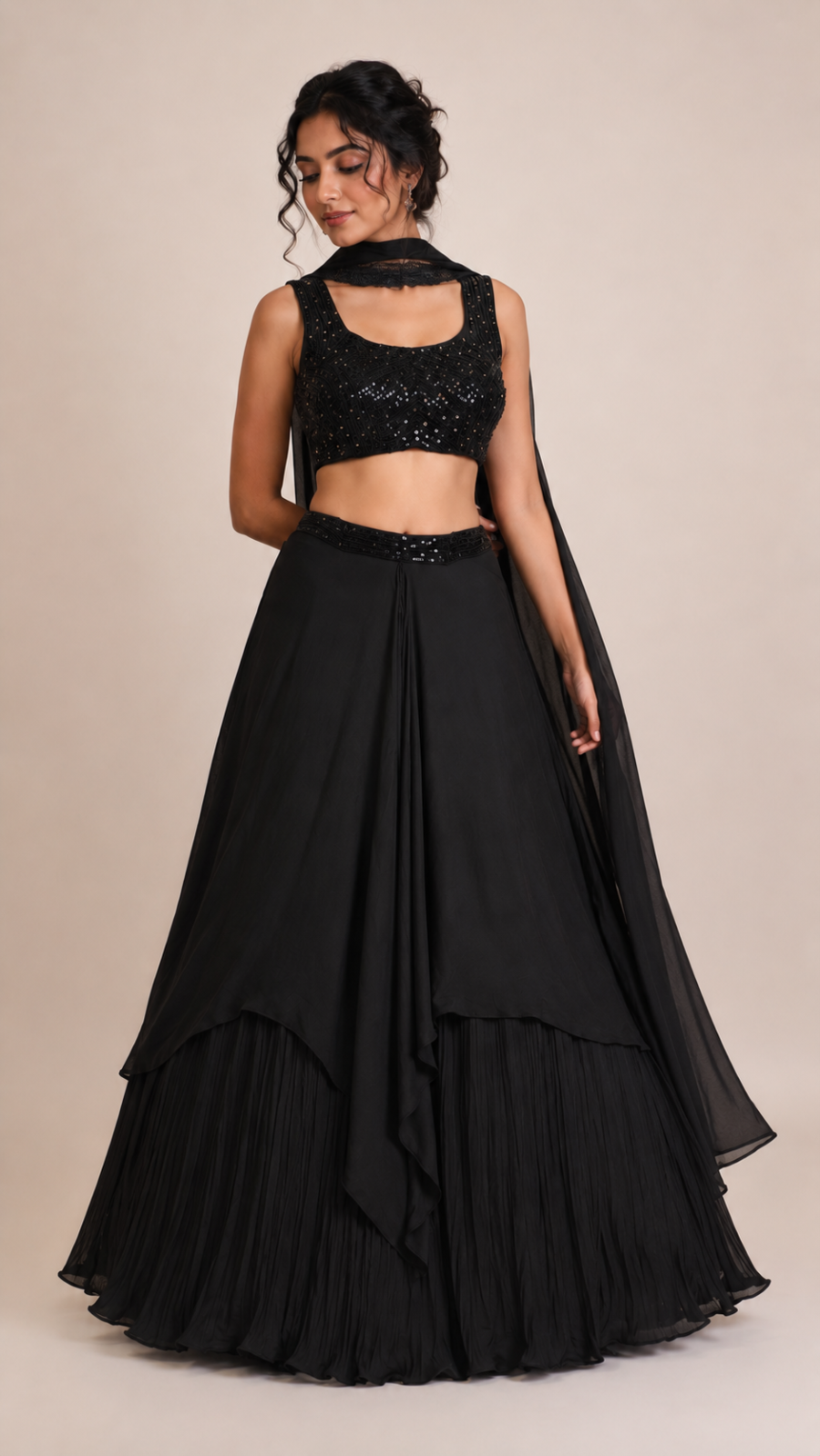 Midnight Black Sequins Embellished Layered Lehenga Set with Dupatta
