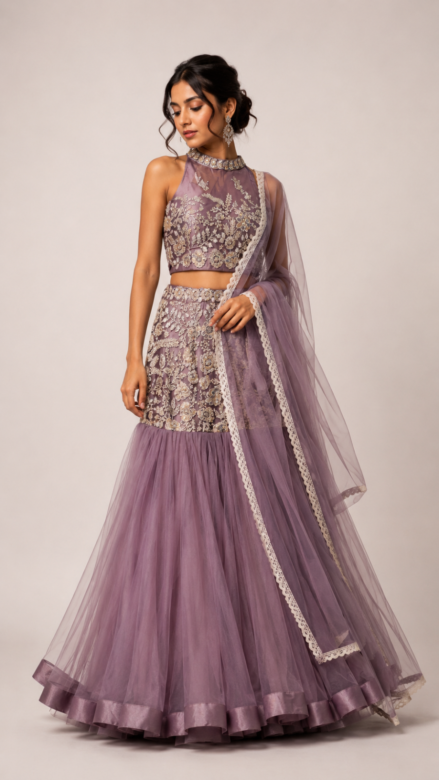 Mauve Embroidered Mermaid Lehenga with Net Dupatta