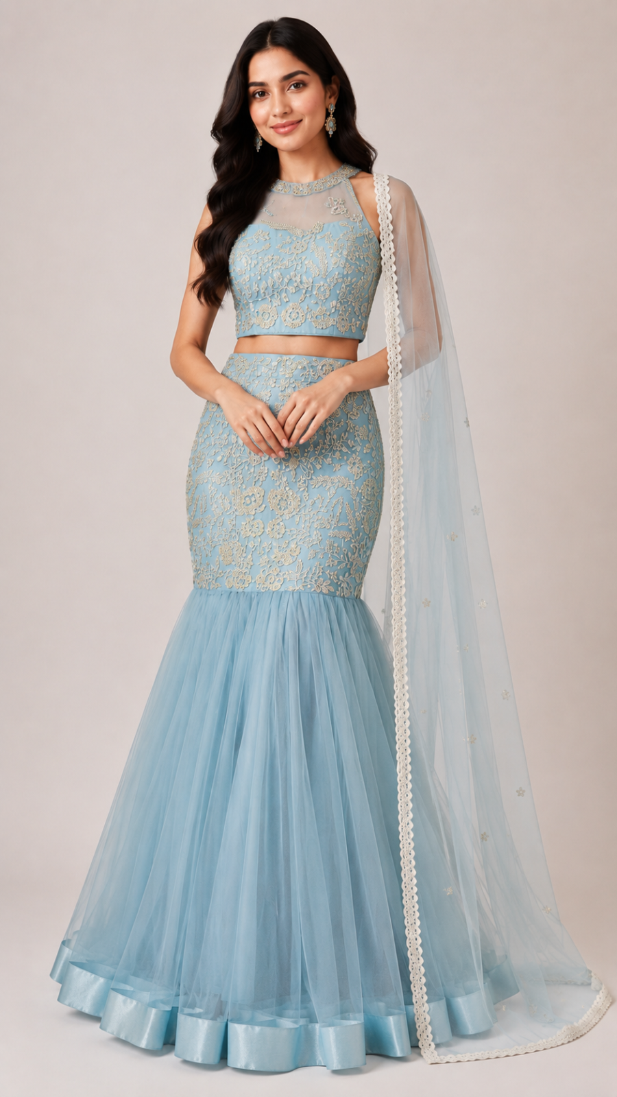 Sky Blue Embroidered Mermaid Lehenga Set with Sheer Dupatta