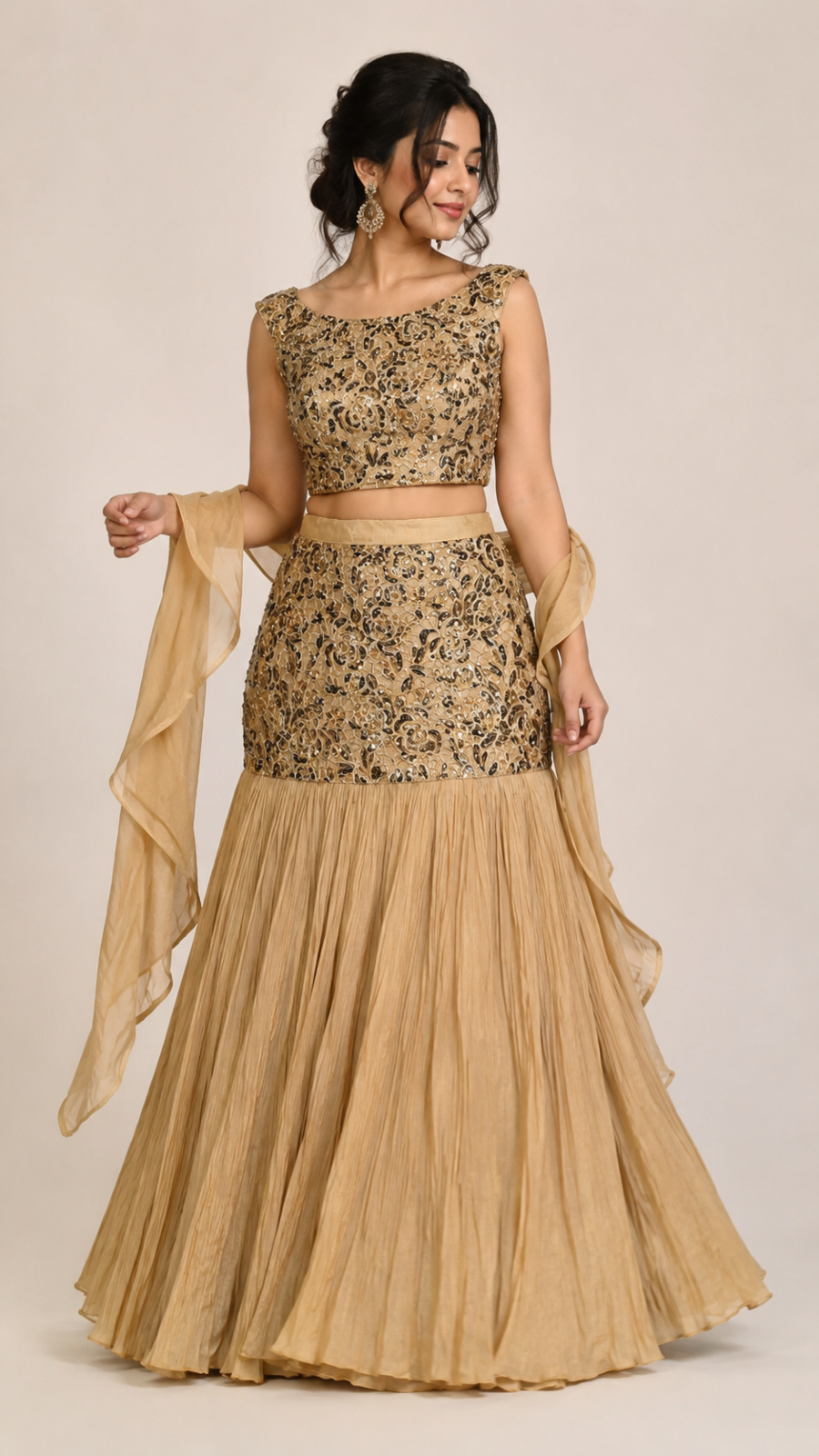 Champagne Gold Sequin Embroidered Mermaid Lehenga Set with Dupatta
