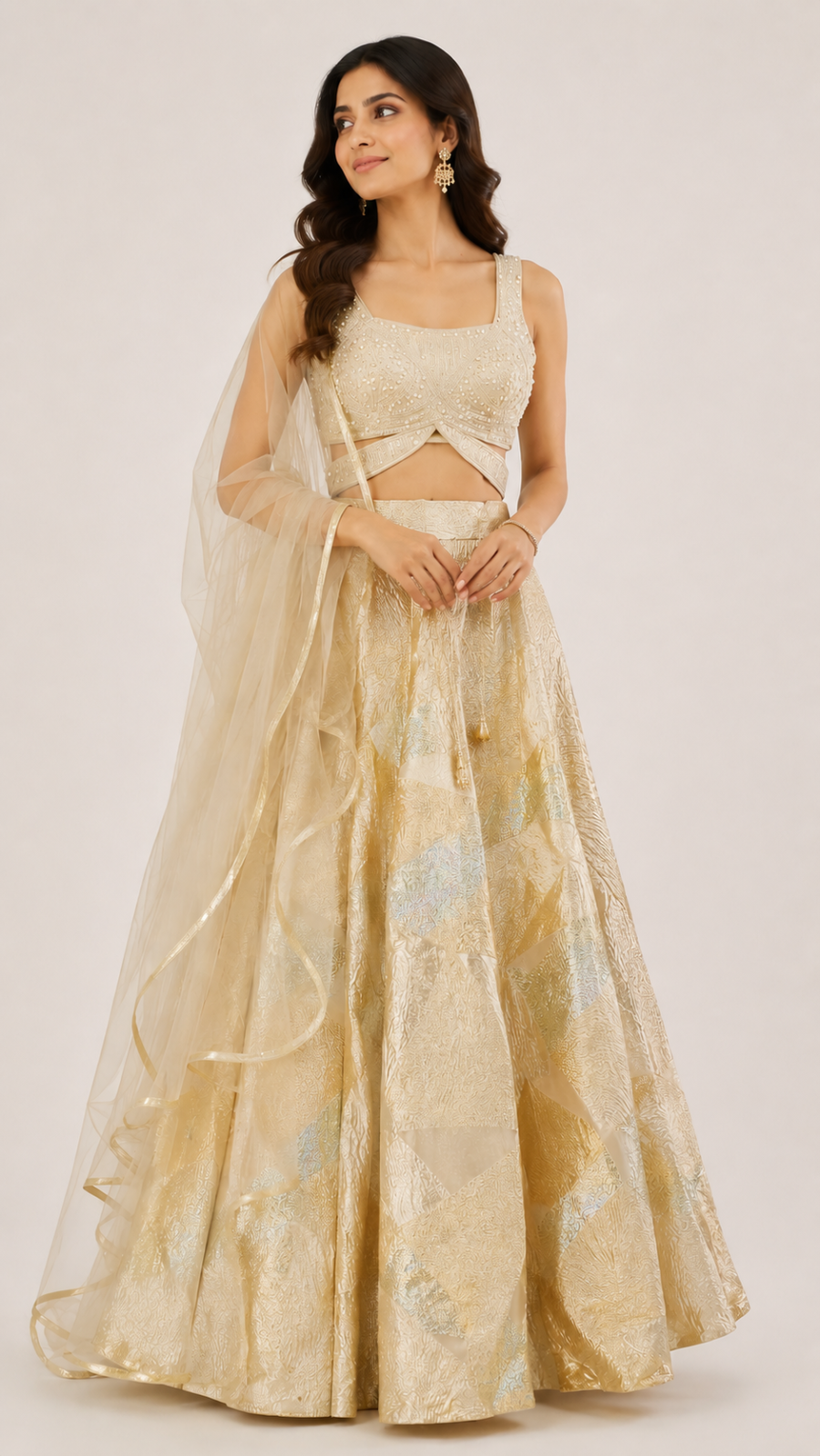 Champagne Gold Embellished Lehenga Set with Net Dupatta