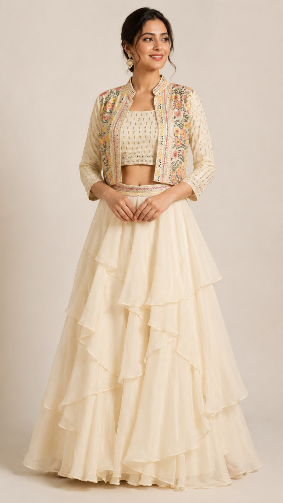 Ivory Embroidered Jacket Style Ruffle Lehenga Set