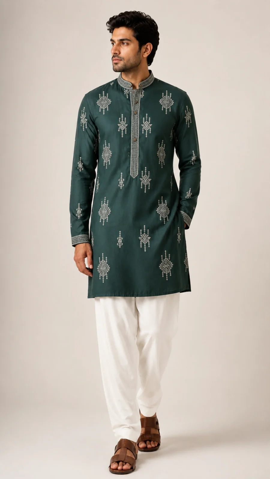 Emerald Green Embroidered Kurta Pajama Set for Men