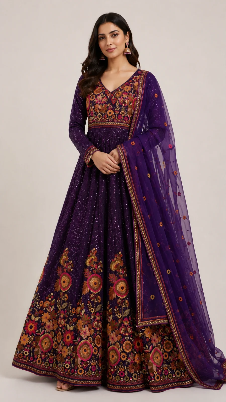 Royal Purple Sequin & Floral Embroidered Anarkali Gown with Dupatta