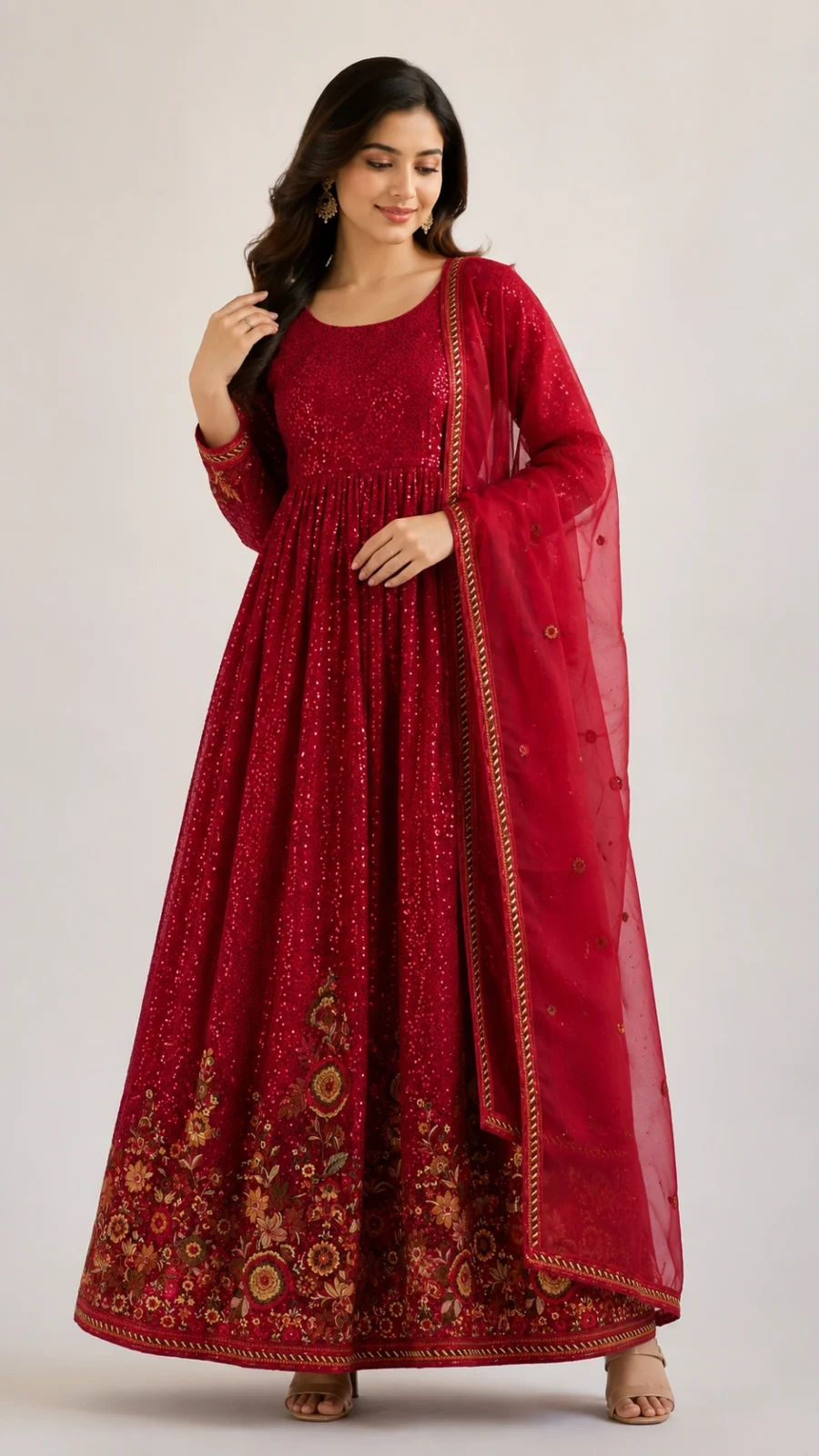 Crimson Sequin Embroidered Anarkali Gown Set with Dupatta