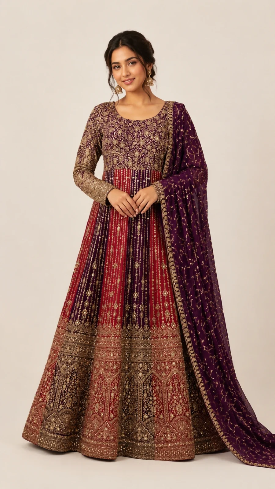Regal Purple & Red Embroidered Anarkali Gown with Dupatta