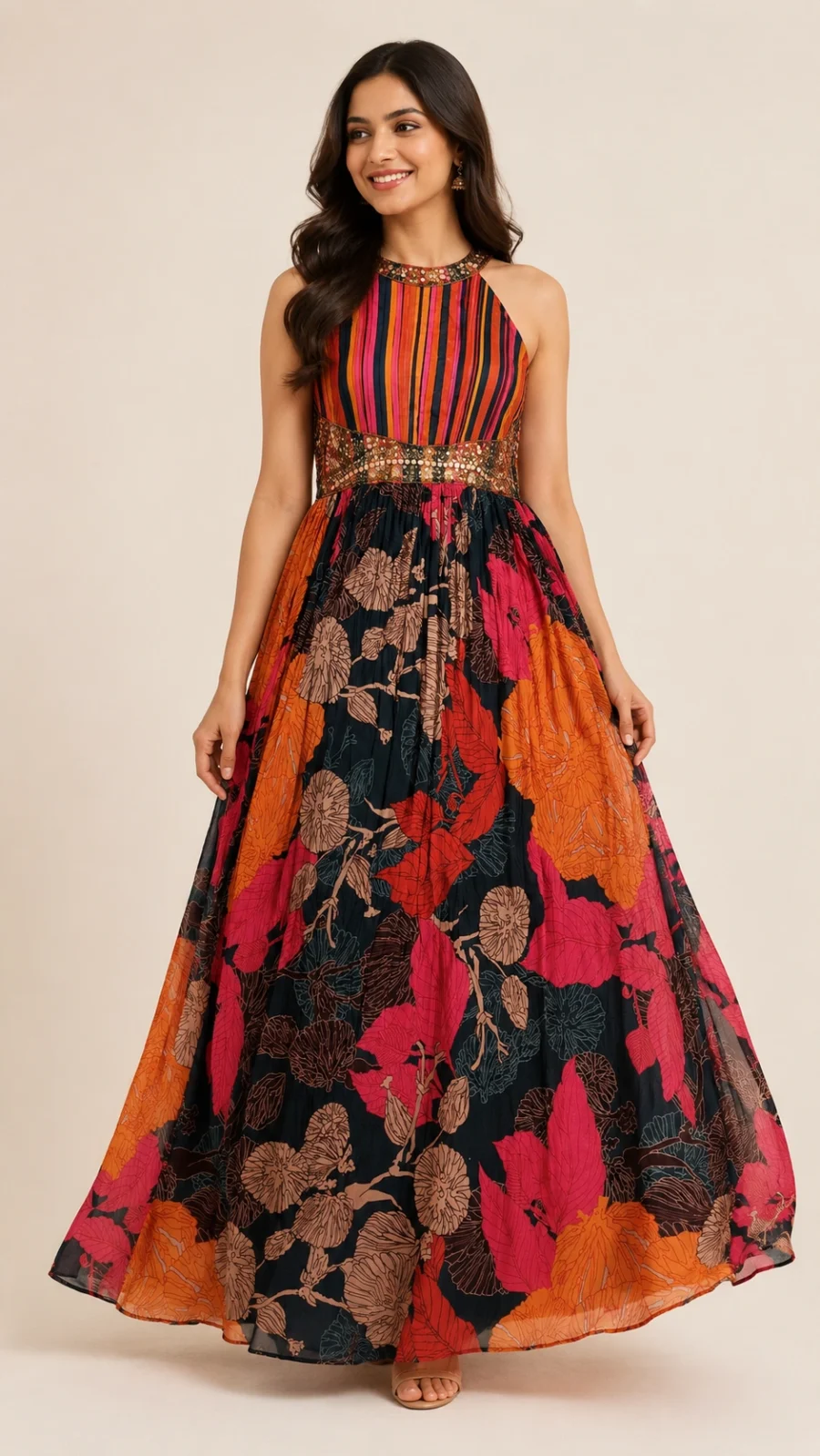 Bohemian Floral Print Maxi Dress with Embellished Striped