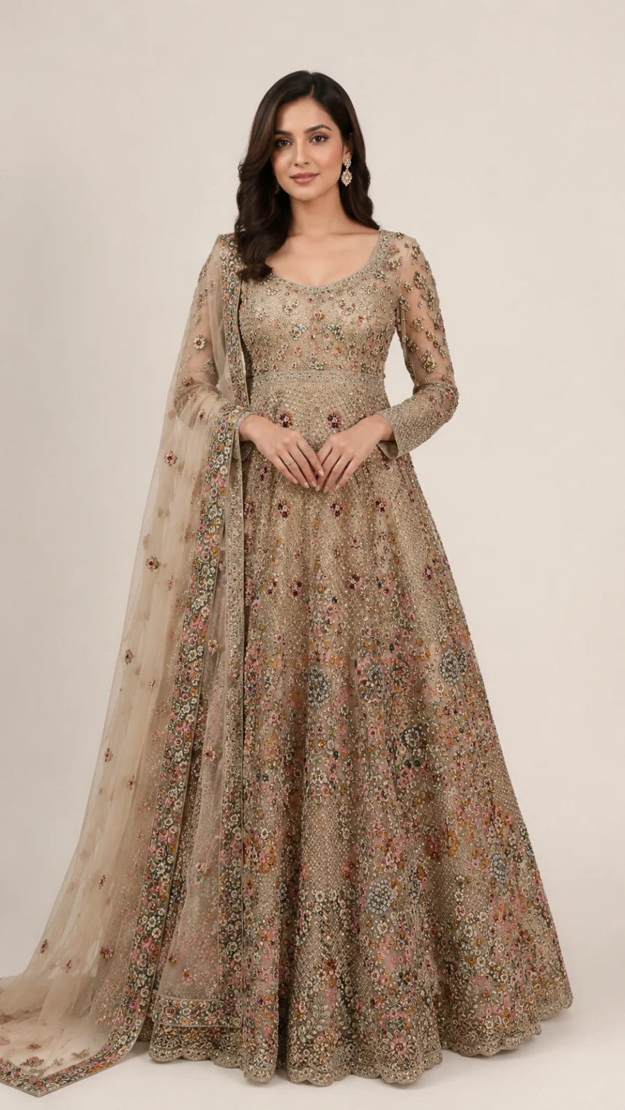 Champagne Gold Floral Embroidered Anarkali Gown with Dupatta