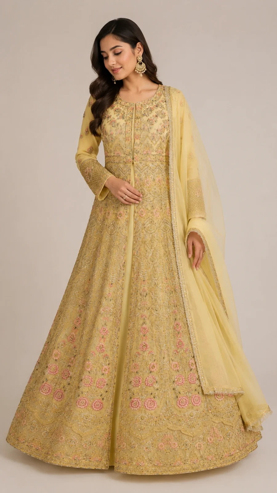 Sunlit Gold Embroidered Anarkali Gown with Dupatta