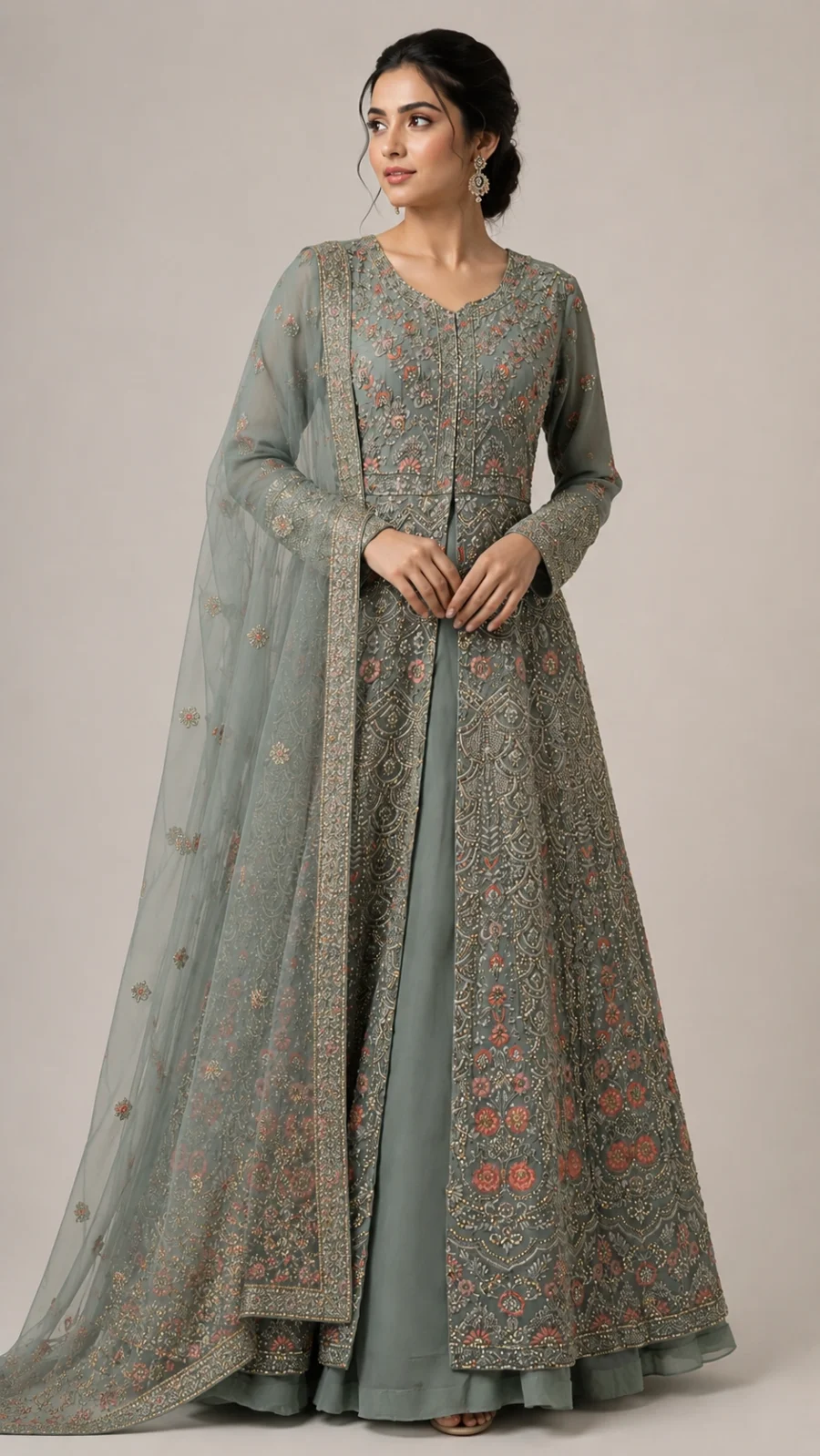 Sage Green Floral Embroidered Anarkali Gown with Dupatta