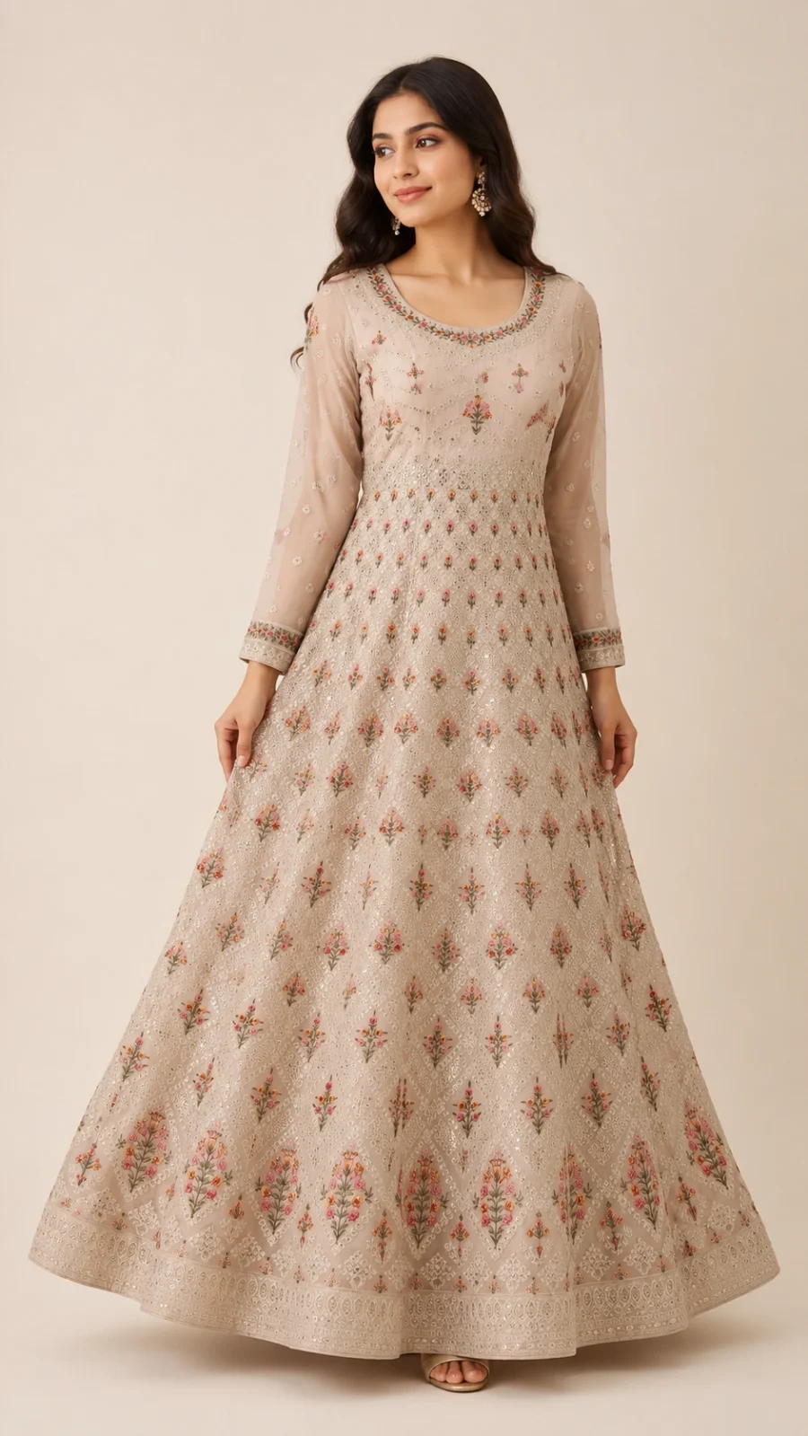 Blush Beige Floral Embroidered Anarkali Gown