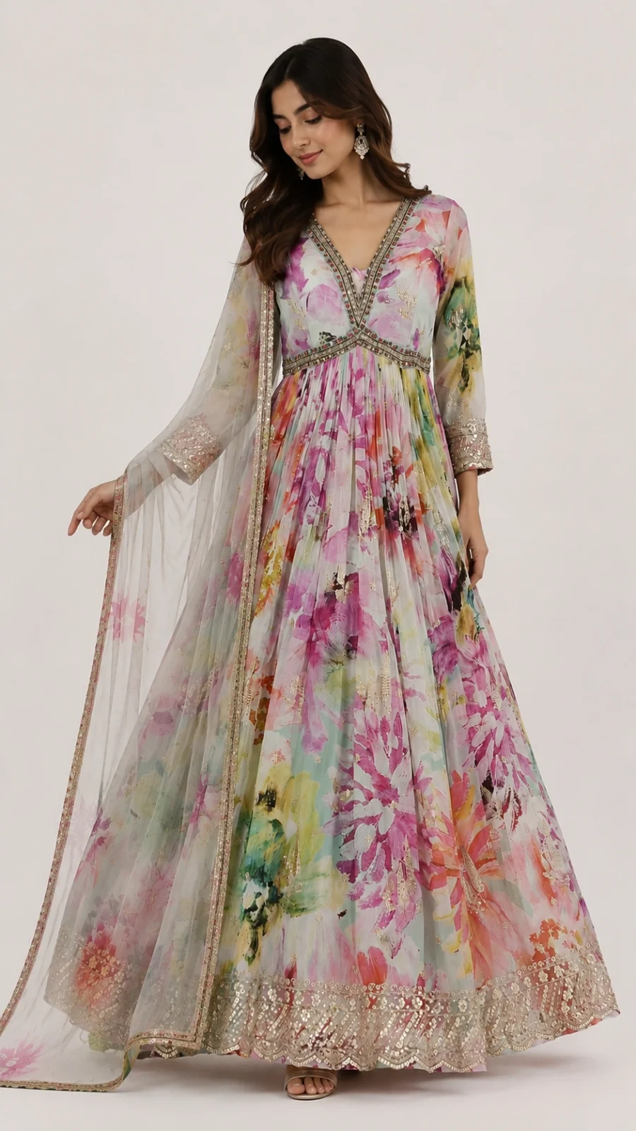 Pastel Bloom Floral Anarkali Gown with Dupatta