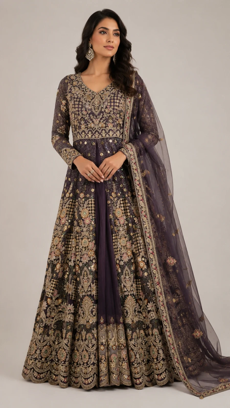 Midnight Plum Embroidered Anarkali Gown with Net Dupatta