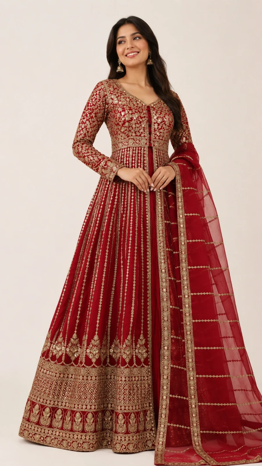 Royal Crimson Zari Embroidered Anarkali Gown Set with Dupatta