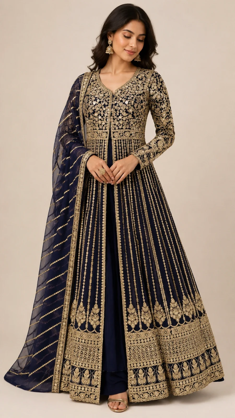 Royal Navy Blue Embroidered Anarkali Gown Set with Dupatta
