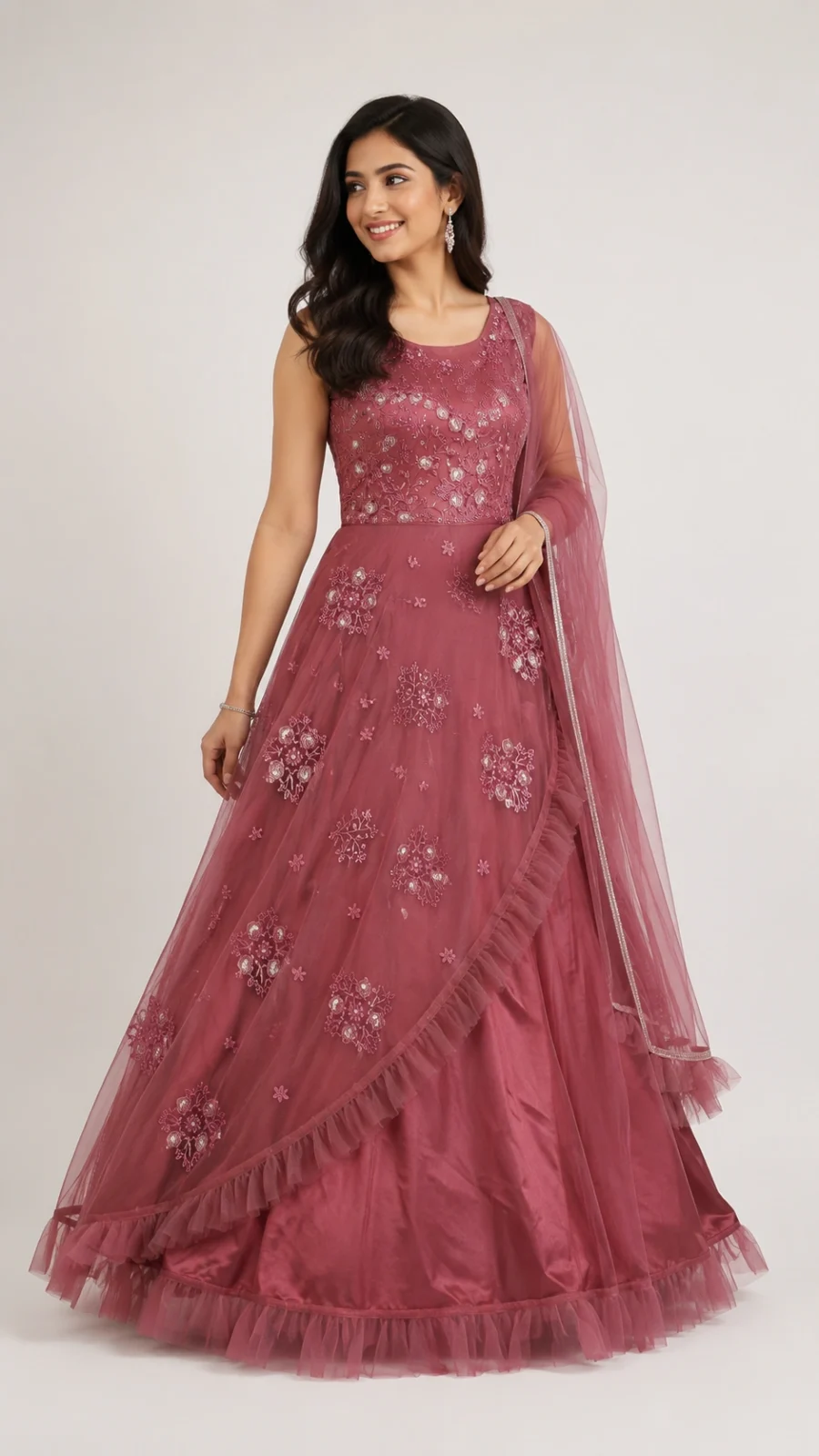 Dusty Rose Embroidered Net Gown with Asymmetrical Layered Drape