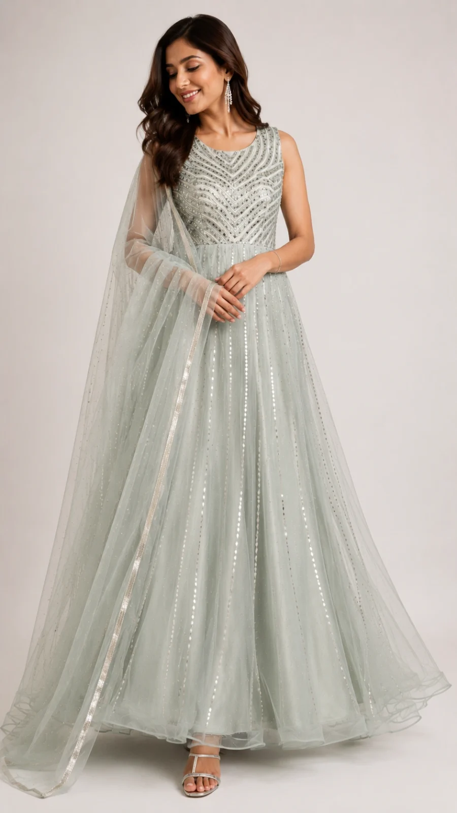 Women's Mint Green Embellished Gown with Net Dupatta