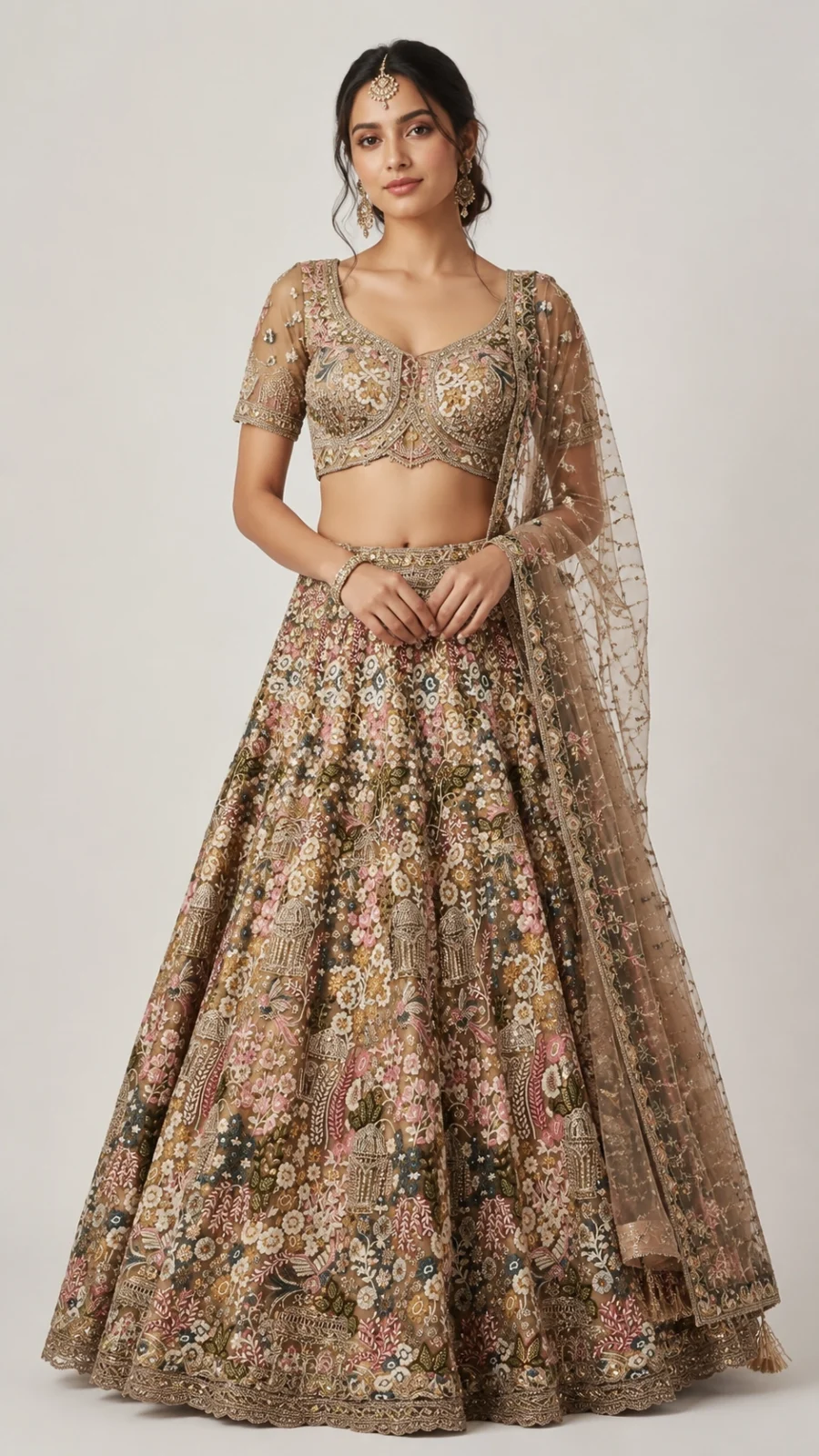Store Enchanted Garden Embroidered Designer Lehenga Set with Sheer Blouse & Dupatta