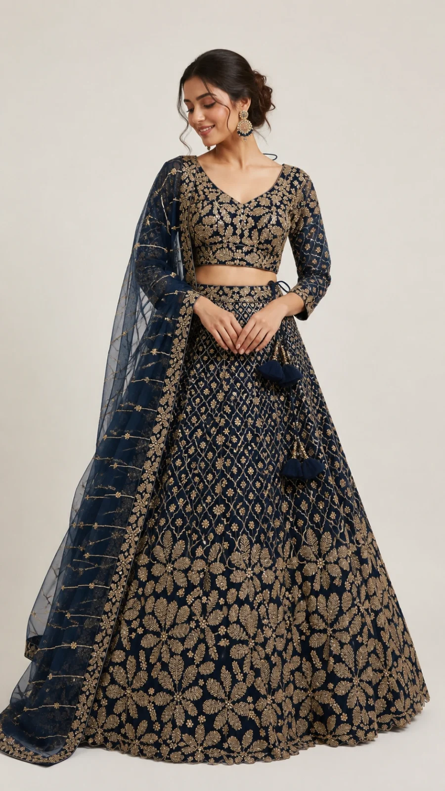 Store Navy Blue Embroidered Net Lehenga Set with Designer Blouse & Dupatta