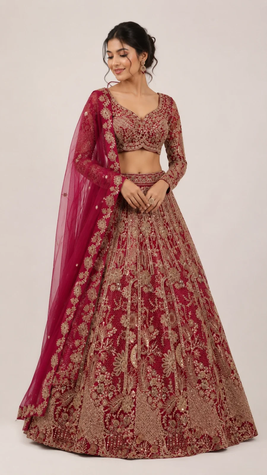 Store Royal Wine Embroidered Bridal Lehenga Set with Dupatta
