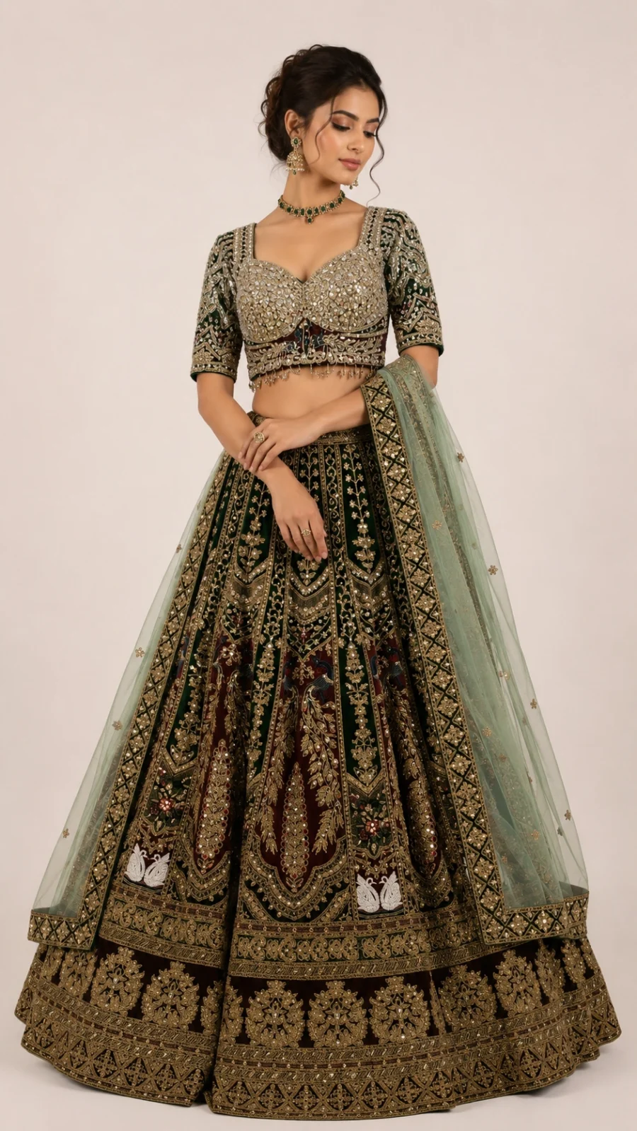 Store Emerald Green & Wine Heavy Embroidered Bridal Lehenga Set with Cutwork Blouse & Net Dupatta