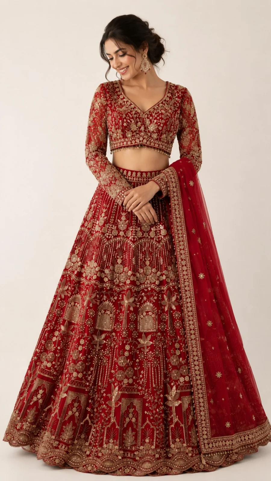 Store Ruby Red Bridal Lehenga Choli with Intricate Zari & Sequin Embroidery
