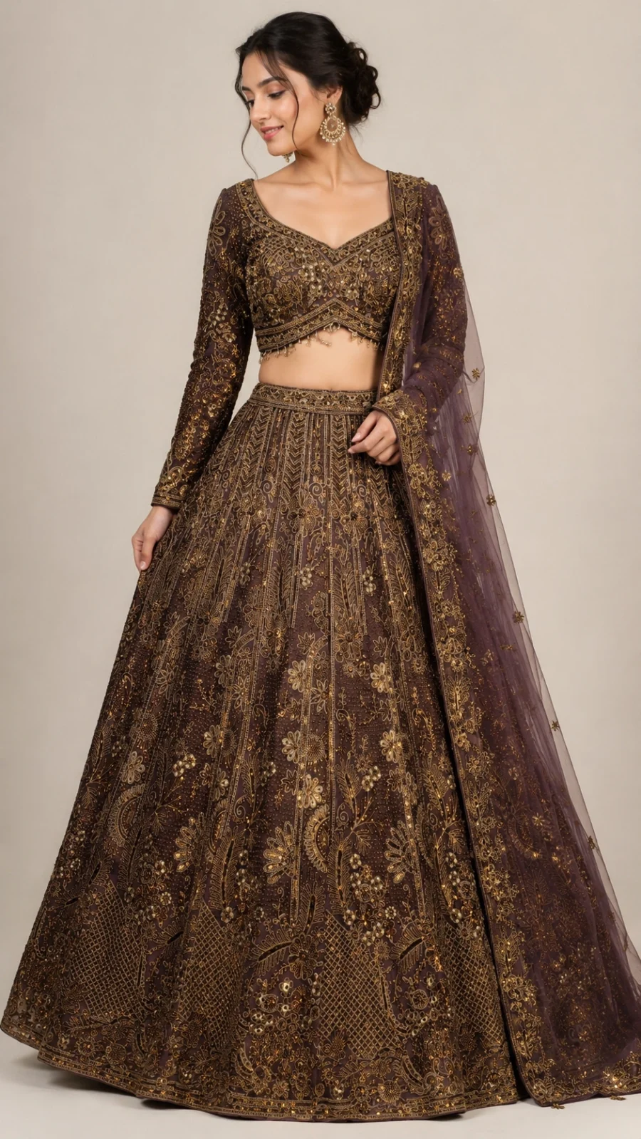 Dark Mauve & Antique Gold Heavy Embroidered Bridal Lehenga Set with Dupatta