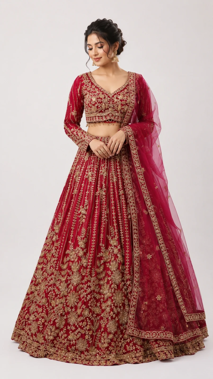 Wine Red Heavy Embroidered Bridal Lehenga Set with Floral Zari Work & Dupatta