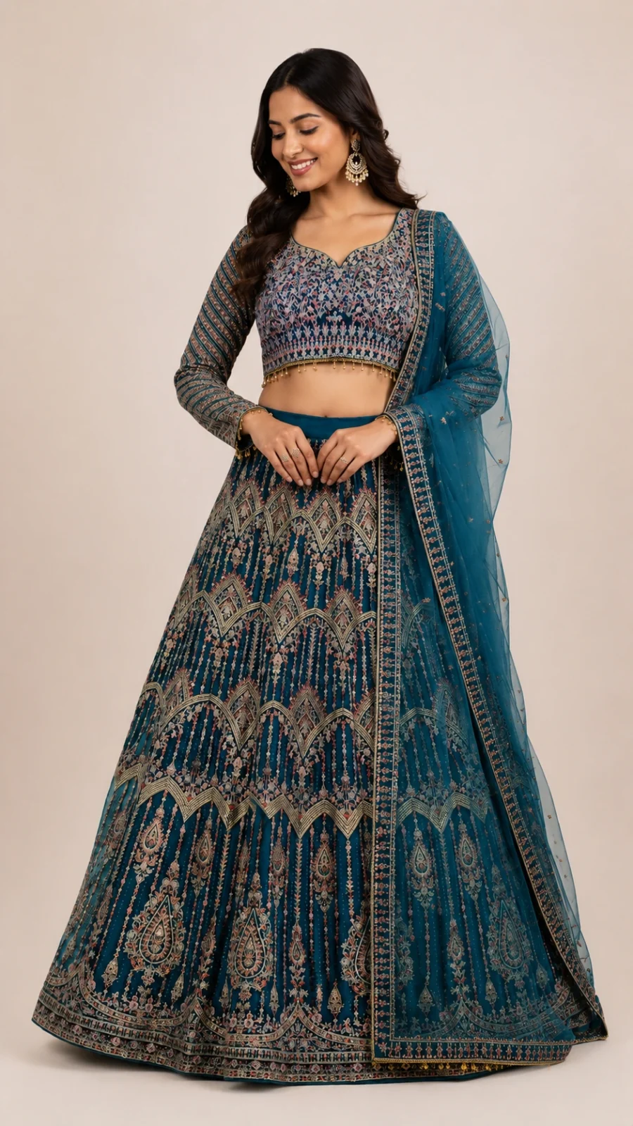 Teal Embroidered Sequins Lehenga Choli Set with Dupatta