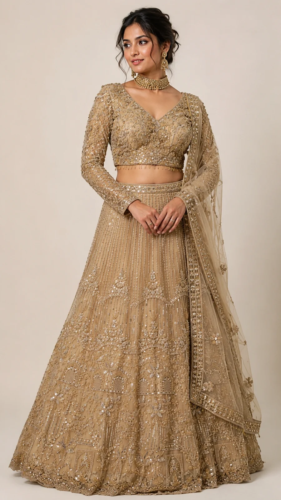 Champagne Gold Sequins Embroidered Bridal Lehenga Set