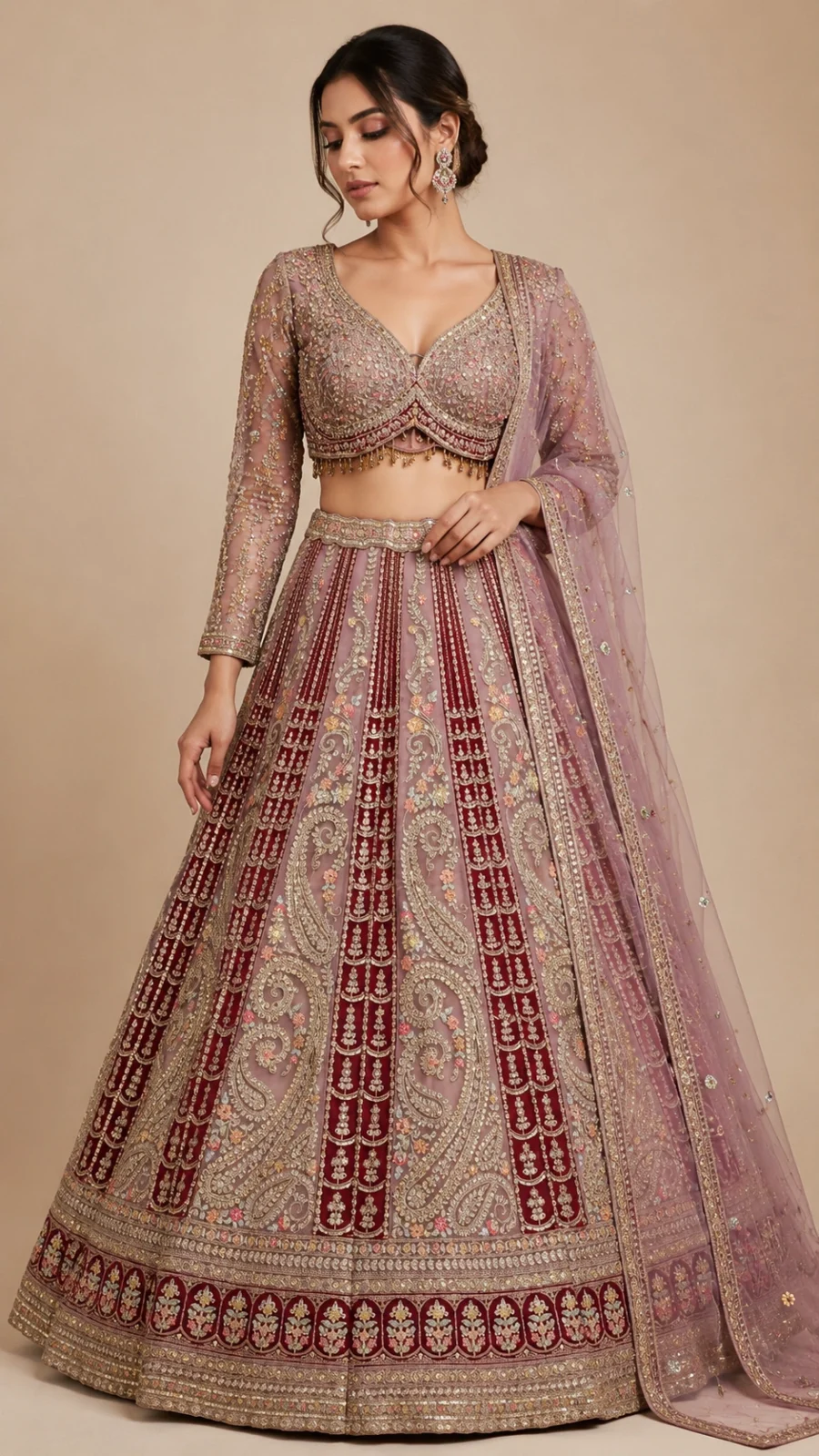 Dusty Mauve & Wine Embroidered Bridal Lehenga Set with Net Dupatta