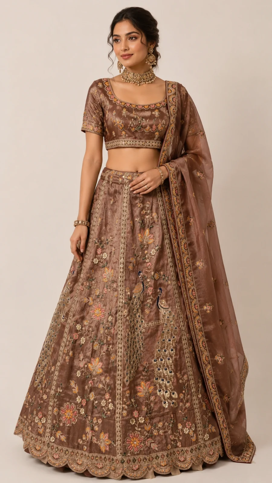 Brown Peacock Embroidered Premium Silk Lehenga Choli with Dupatta