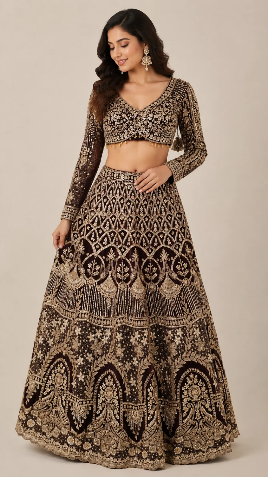 Midnight Plum Heavy Embroidered Bridal Lehenga Set with Sequins & Zari Work