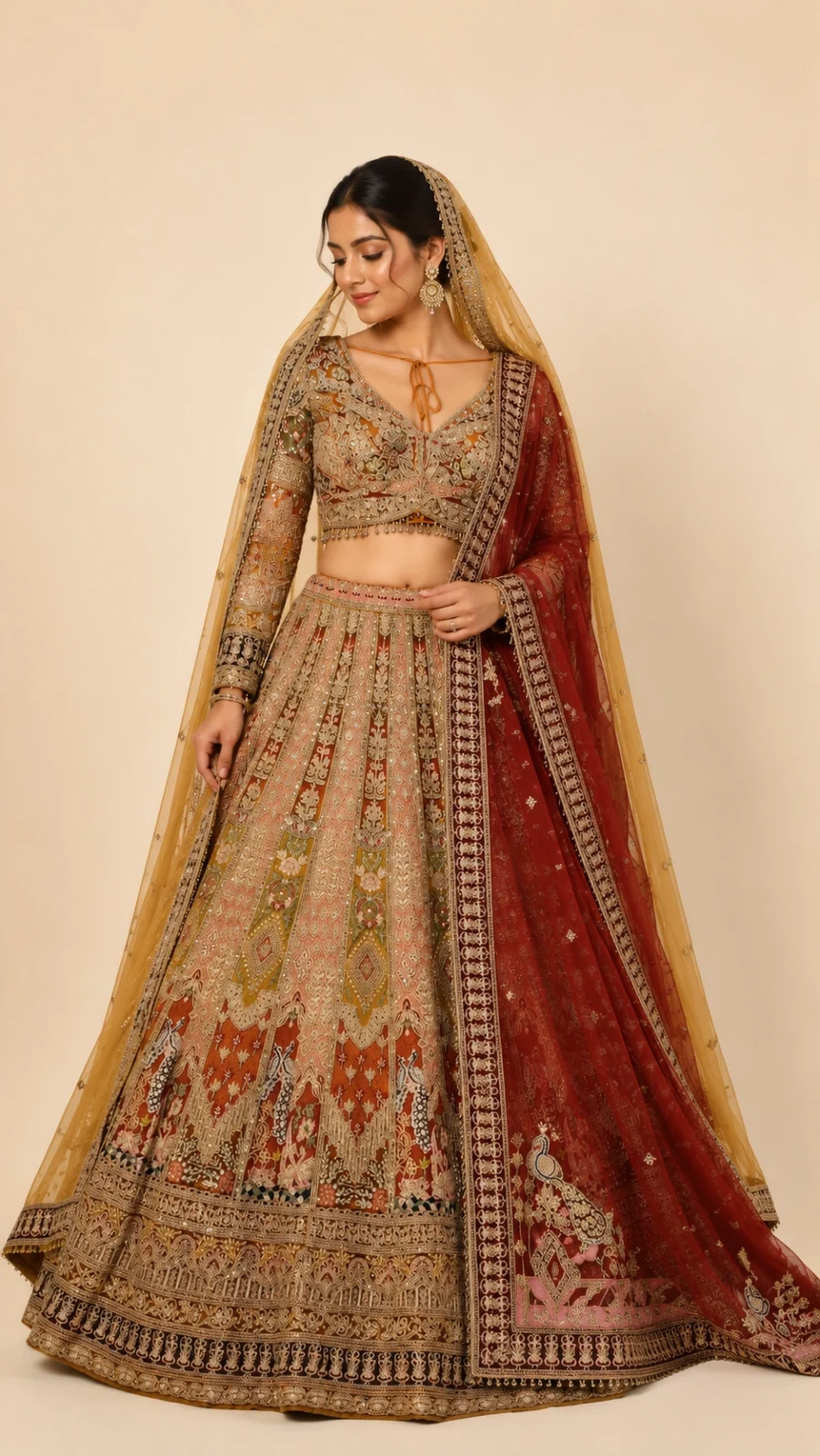 Rust & Antique Gold Bridal Embroidered Lehenga Choli with Dual Dupatta