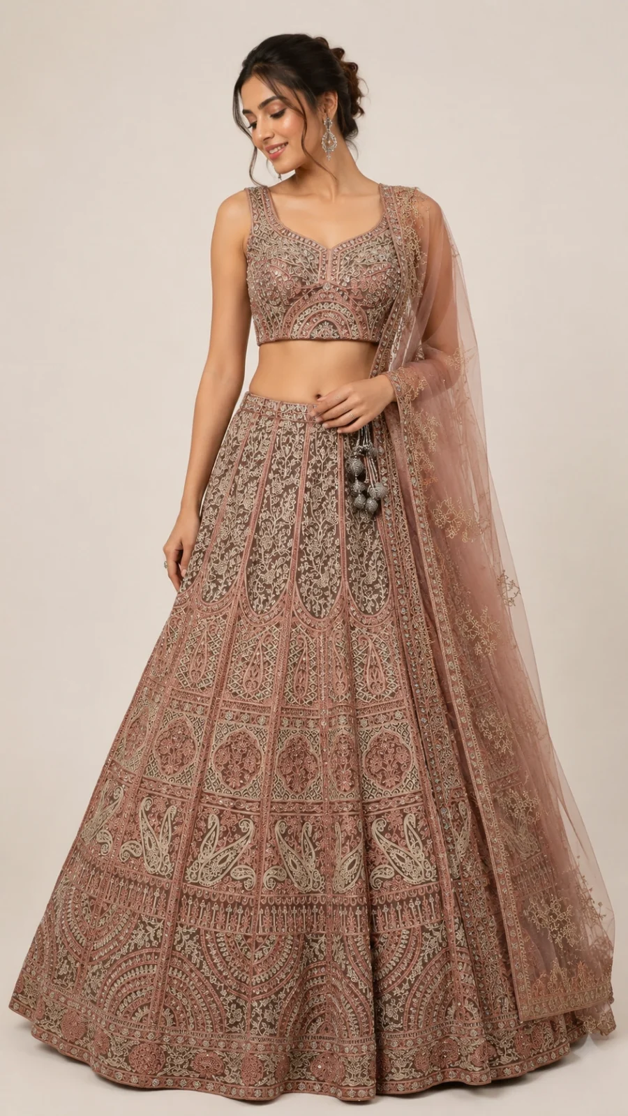 Rose Gold Embroidered Designer Lehenga Choli Set with Net Dupatta