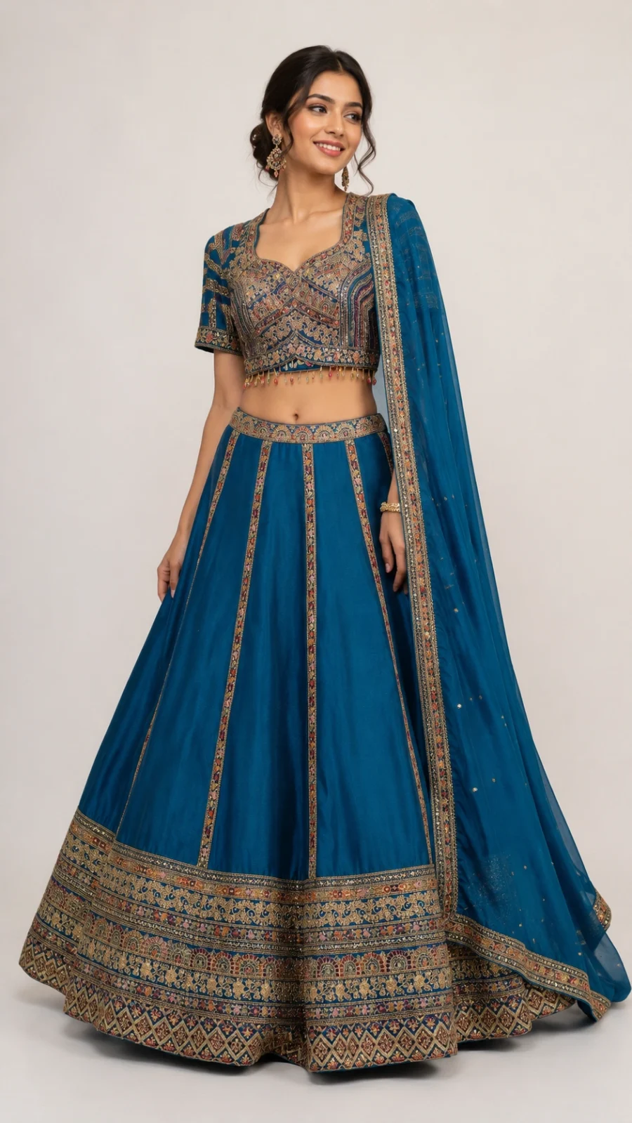 Royal Teal Embroidered Silk Blend Lehenga Choli with Dupatta