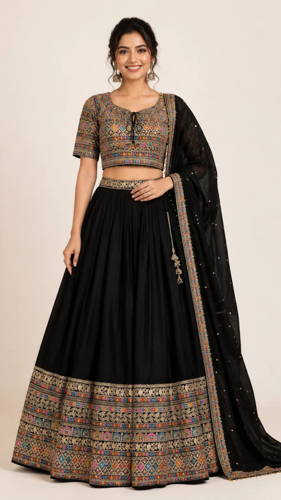 Midnight Black Multicolor Embroidered Lehenga Choli Set with Dupatta