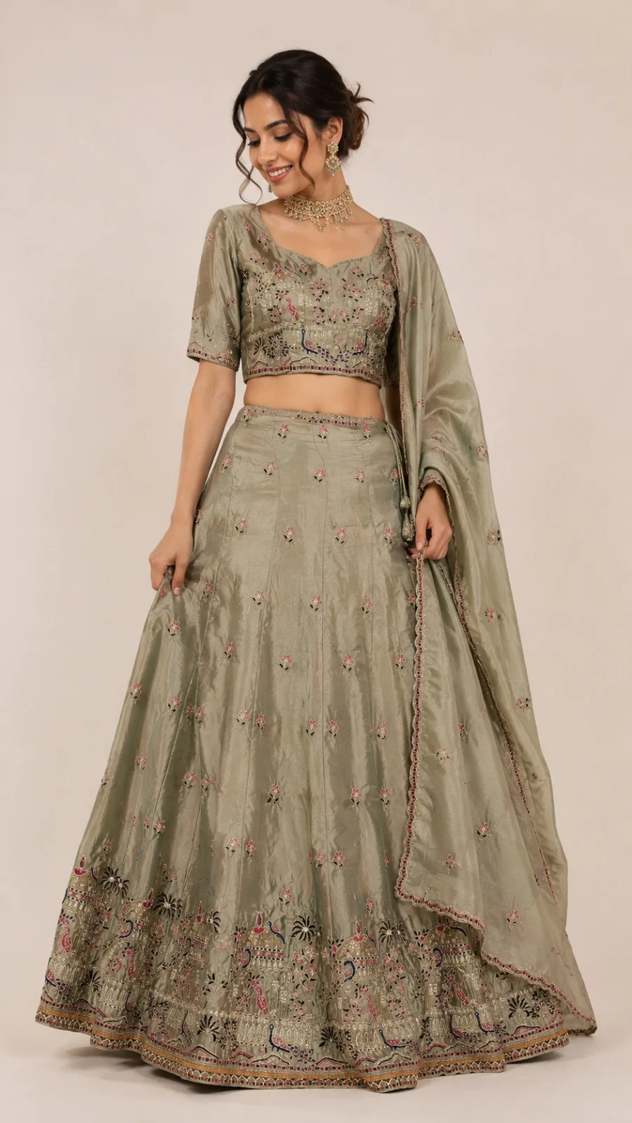 Sage Green Embroidered Silk Lehenga Set with Dupatta