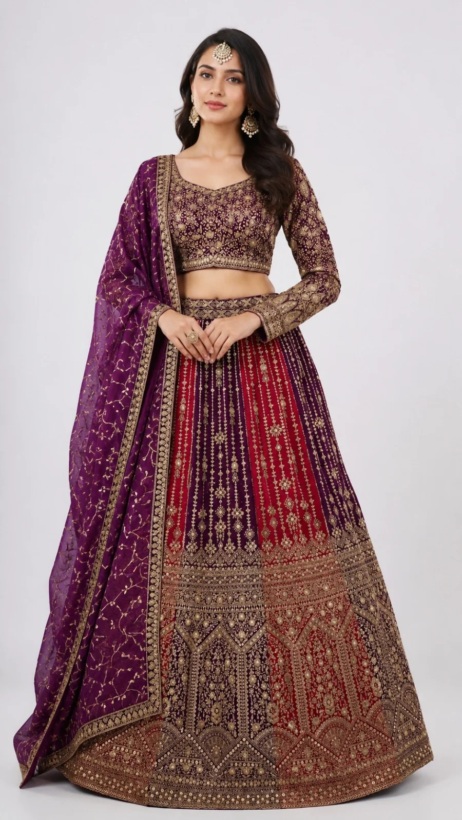 Royal Wine & Purple Embroidered Bridal Lehenga Set