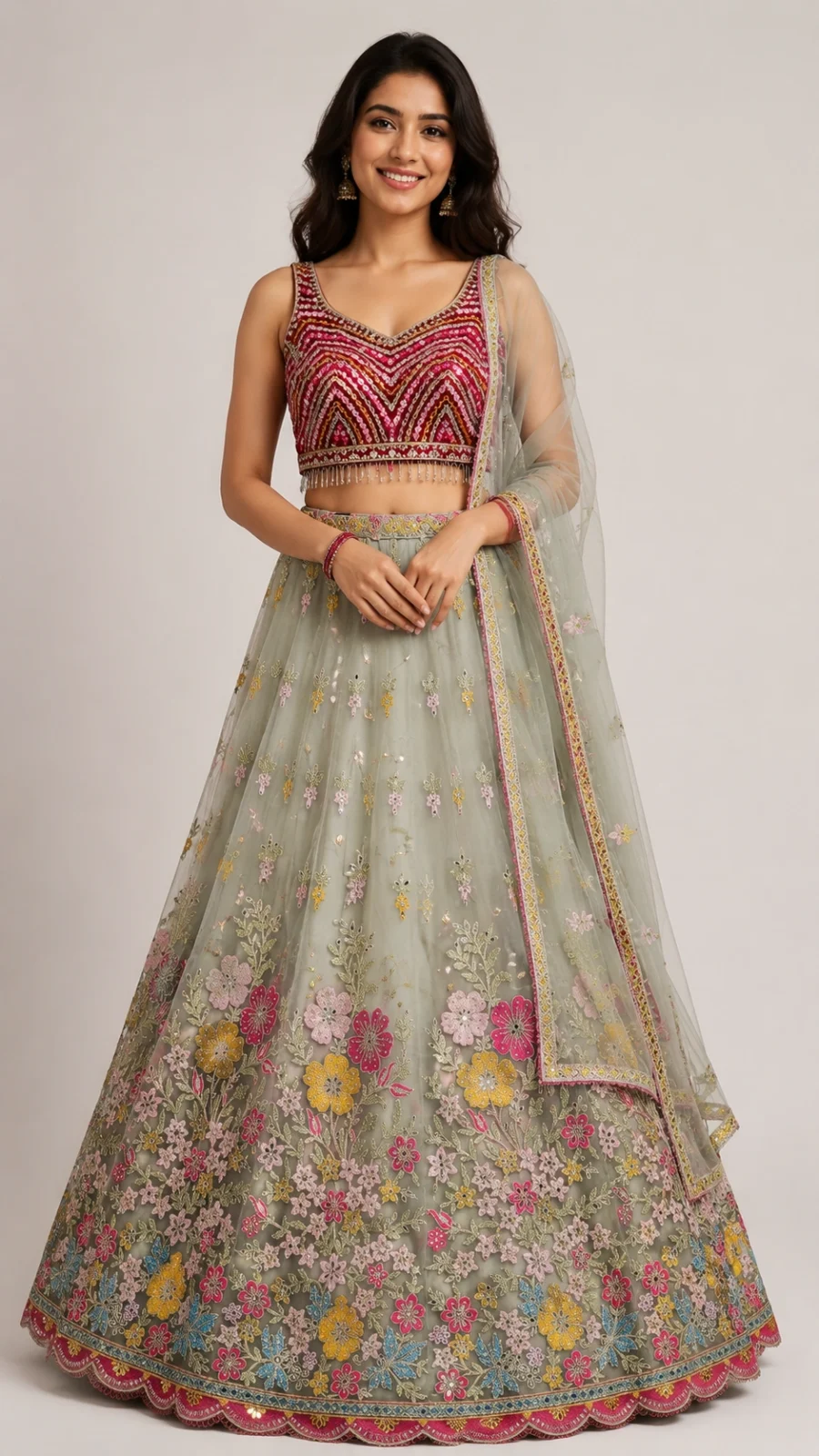 Floral Embroidered Sage Green Lehenga Choli Set